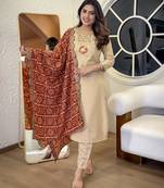 Women's Gorgeous Viscose Embroidery Straight Kurta with Pant And Dupatta Set