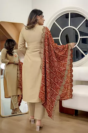 Women's Gorgeous Viscose Embroidery Straight Kurta with Pant And Dupatta Set