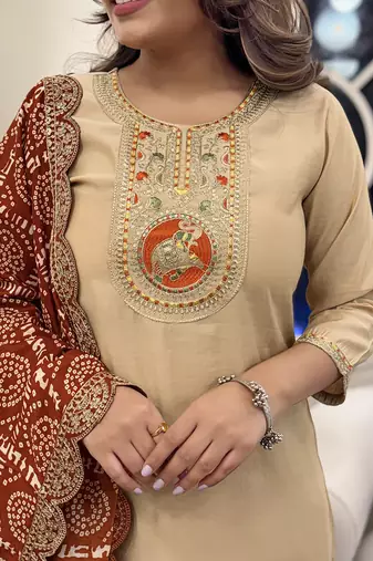 Women's Gorgeous Viscose Embroidery Straight Kurta with Pant And Dupatta Set
