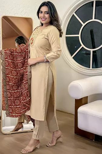 Women's Gorgeous Viscose Embroidery Straight Kurta with Pant And Dupatta Set