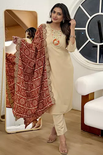 Women's Gorgeous Viscose Embroidery Straight Kurta with Pant And Dupatta Set