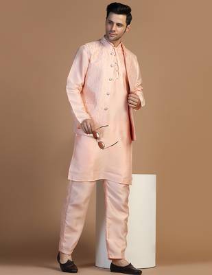 Peach kurta set with embroidered jacket for men 1