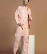 Peach kurta set with embroidered jacket for men