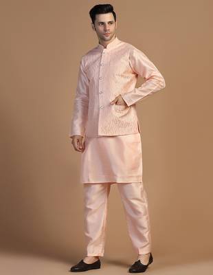 Peach kurta set with embroidered jacket for men 2