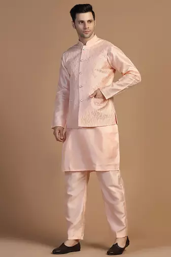 Peach kurta set with embroidered jacket for men