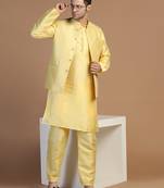 Yellow kurta set with embroidered jacket for men