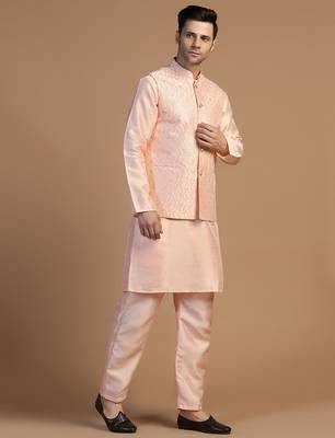 Peach kurta set with embroidered jacket for men 3