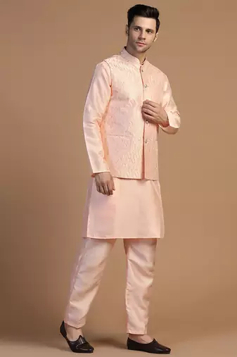 Peach kurta set with embroidered jacket for men