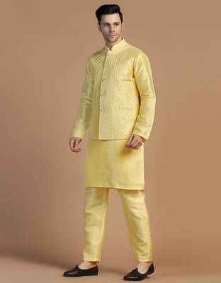 Yellow kurta set with embroidered jacket for men 2
