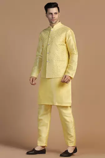 Yellow kurta set with embroidered jacket for men