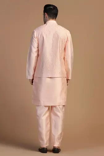 Peach kurta set with embroidered jacket for men