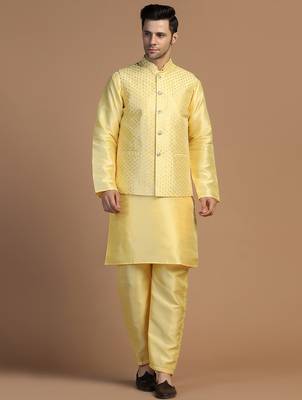 Yellow kurta set with embroidered jacket for men 3