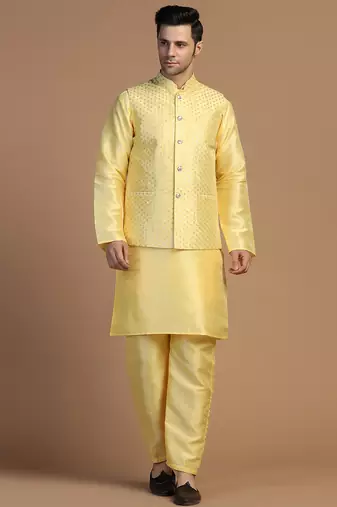 Yellow kurta set with embroidered jacket for men