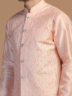 Peach kurta set with embroidered jacket for men 5
