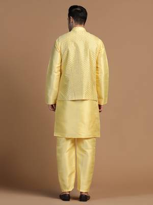 Yellow kurta set with embroidered jacket for men 4