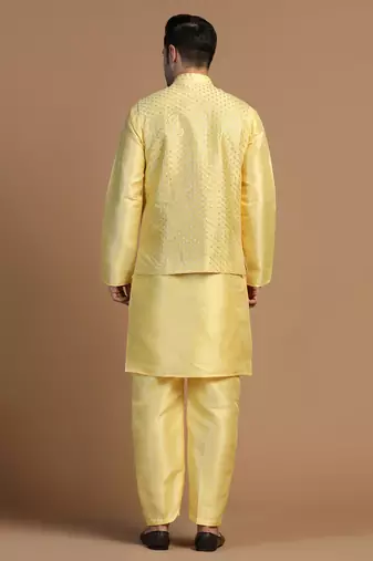 Yellow kurta set with embroidered jacket for men