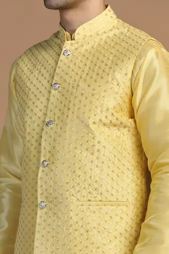 Yellow kurta set with embroidered jacket for men