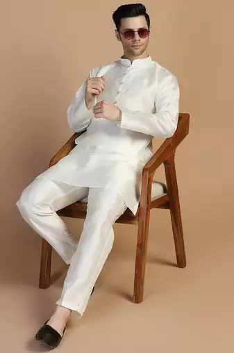 Off-white plain dupion kurta set