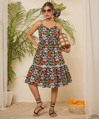Navy blue floral print lace strap tiered dress 1