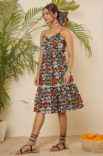 Navy blue floral print lace strap tiered dress