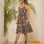 Navy blue floral print lace strap tiered dress