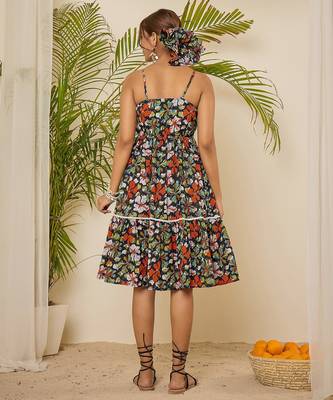 Navy blue floral print lace strap tiered dress 3