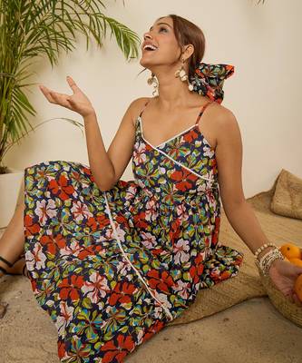 Navy blue floral print lace strap tiered dress 5