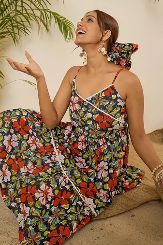Navy blue floral print lace strap tiered dress