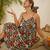 Navy blue floral print lace strap tiered dress