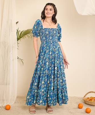 Blue floral print smocked flare dress 1