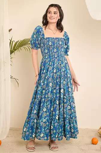 Blue floral print smocked flare dress