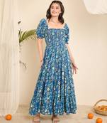 Blue floral print smocked flare dress