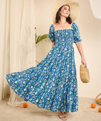 Blue floral print smocked flare dress 3