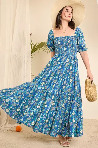 Blue floral print smocked flare dress