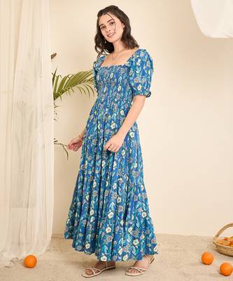 Blue floral print smocked flare dress 4