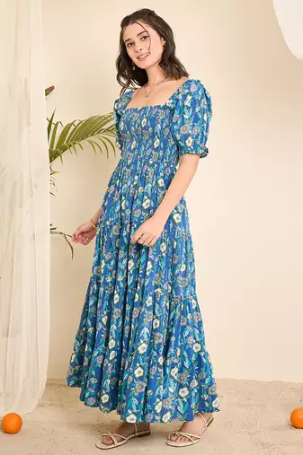 Blue floral print smocked flare dress