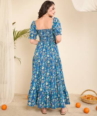 Blue floral print smocked flare dress 5