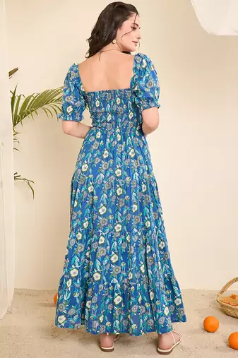 Blue floral print smocked flare dress