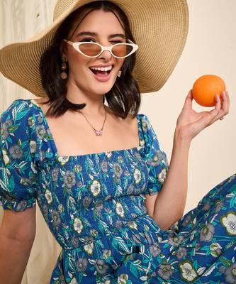 Blue floral print smocked flare dress 6