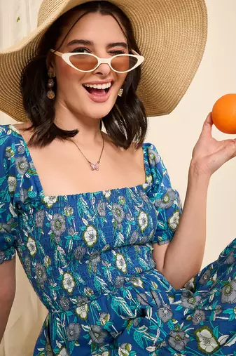 Blue floral print smocked flare dress