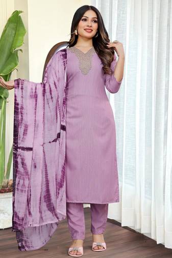 Women's Viscose Slub Embroidered Straight Kurta with Pant And Dupatta Set