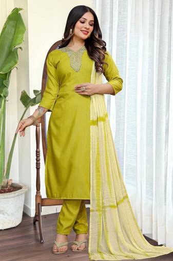 Women's Viscose Slub Embroidered Straight Kurta with Pant And Dupatta Set