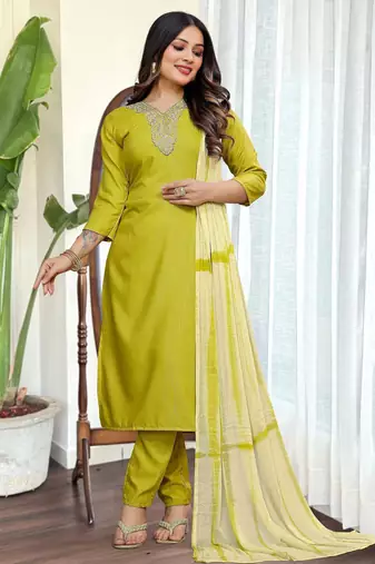 Women's Viscose Slub Embroidered Straight Kurta with Pant And Dupatta Set