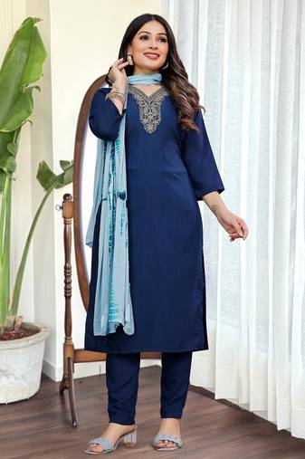 Women's Viscose Slub Embroidered Straight Kurta with Pant And Dupatta Set