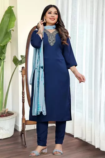 Women's Viscose Slub Embroidered Straight Kurta with Pant And Dupatta Set