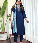 Women's Viscose Slub Embroidered Straight Kurta with Pant And Dupatta Set