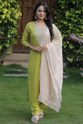 Women's Viscose Slub Embroidered Straight Kurta with Pant And Dupatta Set