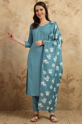 Women's Viscose Chanderi Embroidered Straight Kurta with Pant And Dupatta Set
