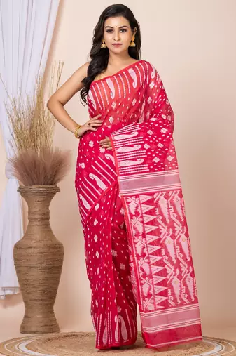 Pink & White cotton jamdani saree 