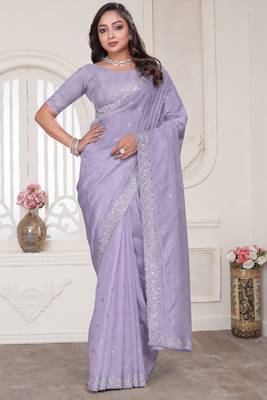 lavender sequin zarkan embroidered border saree with blouse piece 1